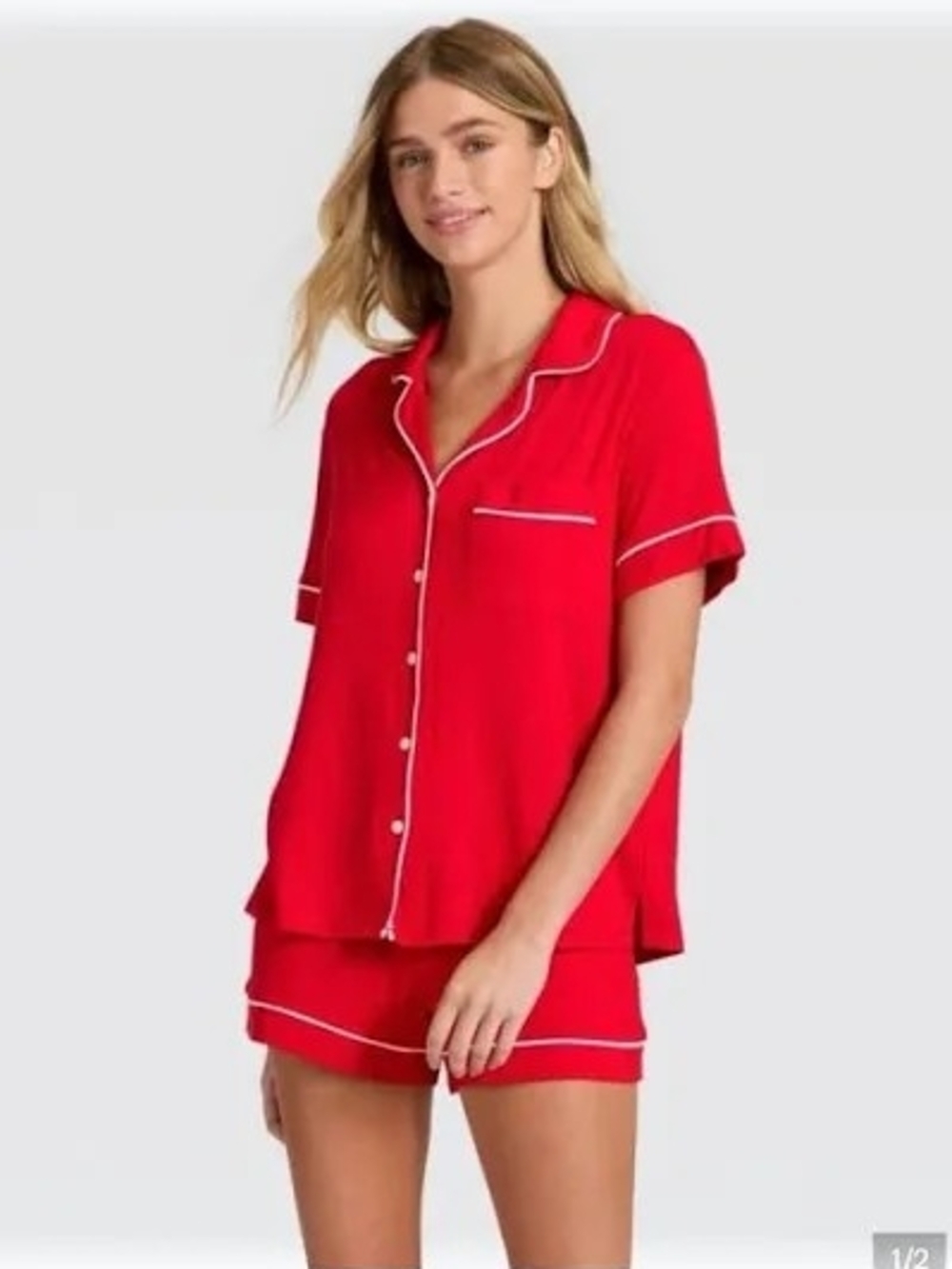 Auden - Cloud Knit Short Sleeve Classic Piped Pajama Pjs Sleepwear | XS | Red